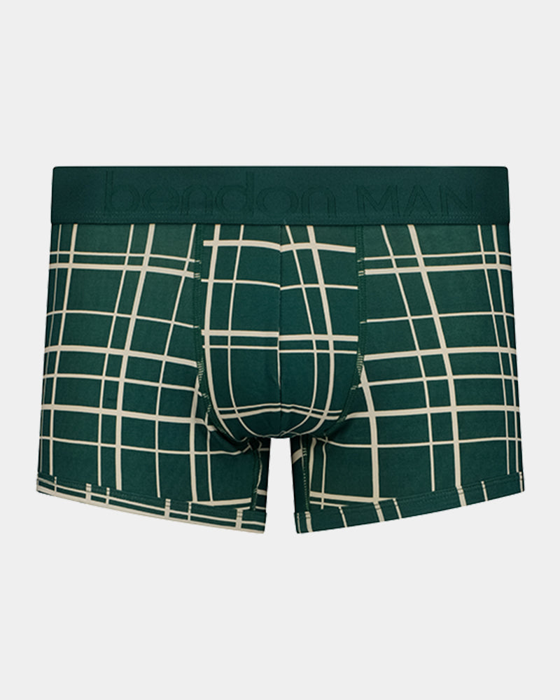 Retros Print Mens Trunk in RAIN FOREST GRID PRINT. Flat lay front view