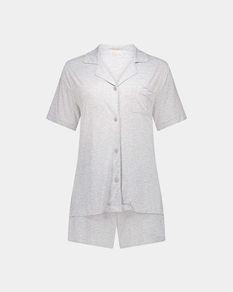 Belle Bamboo Short PJ in LIGHT GREY MARLE. Flat lay front view