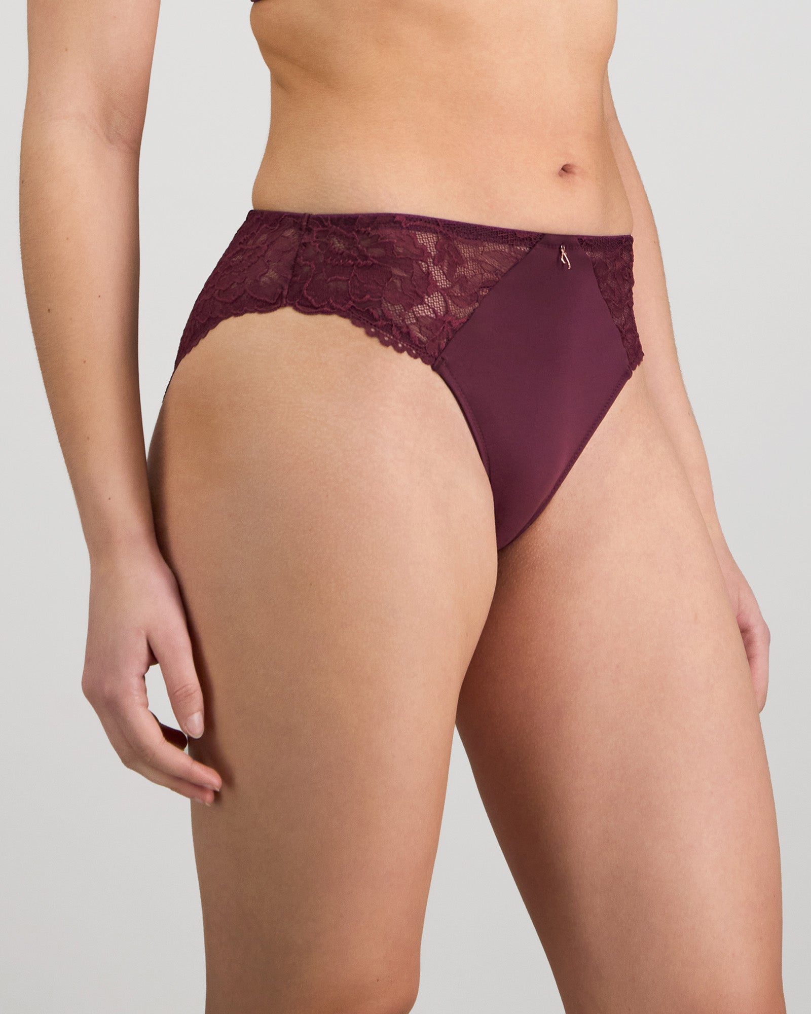 Model wears Laurel High Cut Brief in FIG. On body side view
