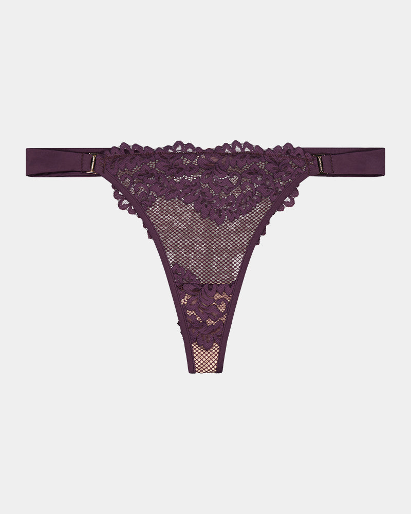 Nova Rosa Thong in PLUM PERFECT. Flat lay front view