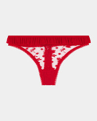 Tinsel Tease Thong in SALSA. Flat lay front view