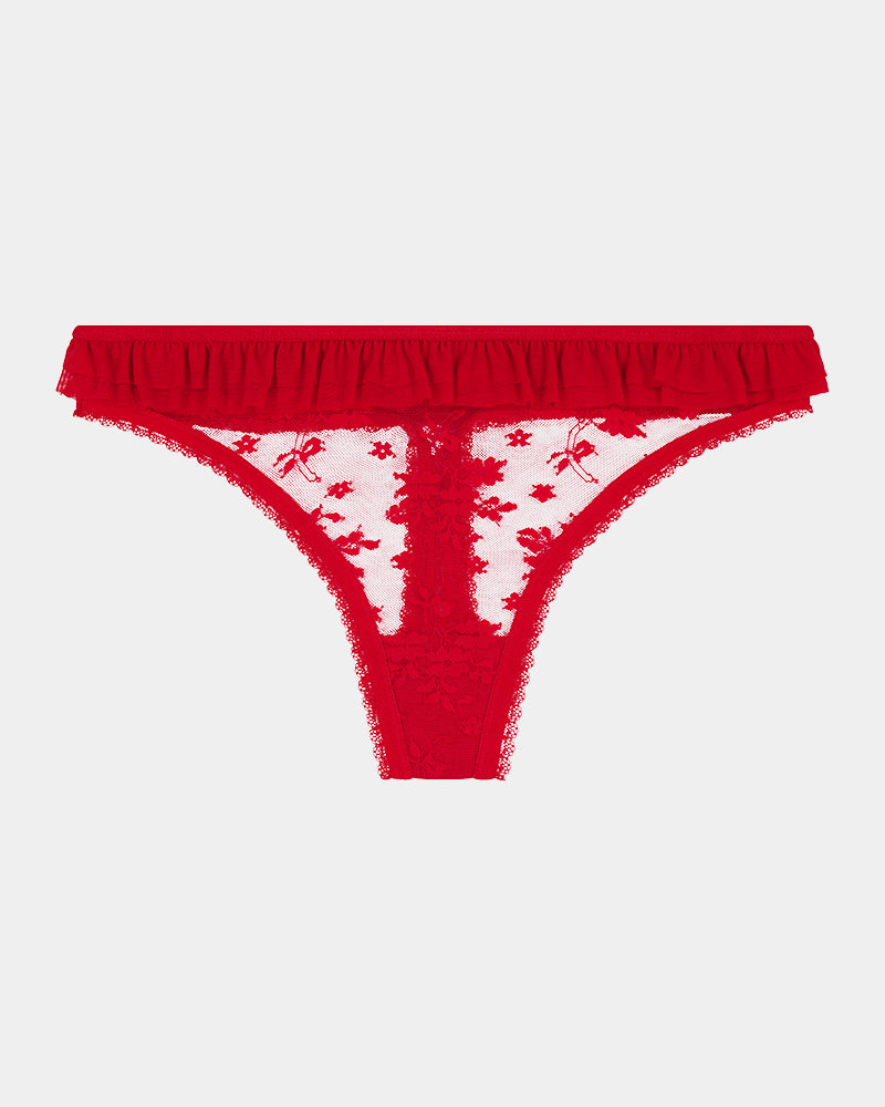 Tinsel Tease Thong in SALSA. Flat lay front view