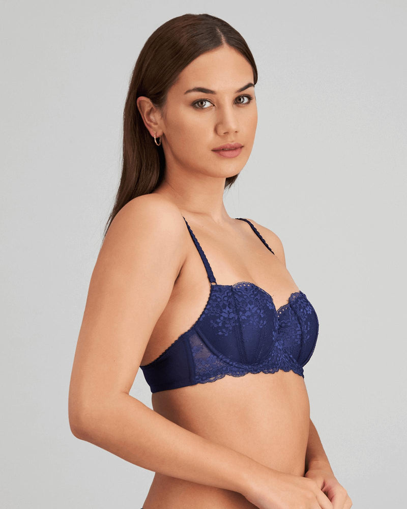 Model wears Sofia Contour Bra in Medieval Blue. On body side view