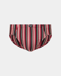 Cotton Stretch Mens Brief in TIBETAN RED/OATMEAL STRIPE. Flat lay front view