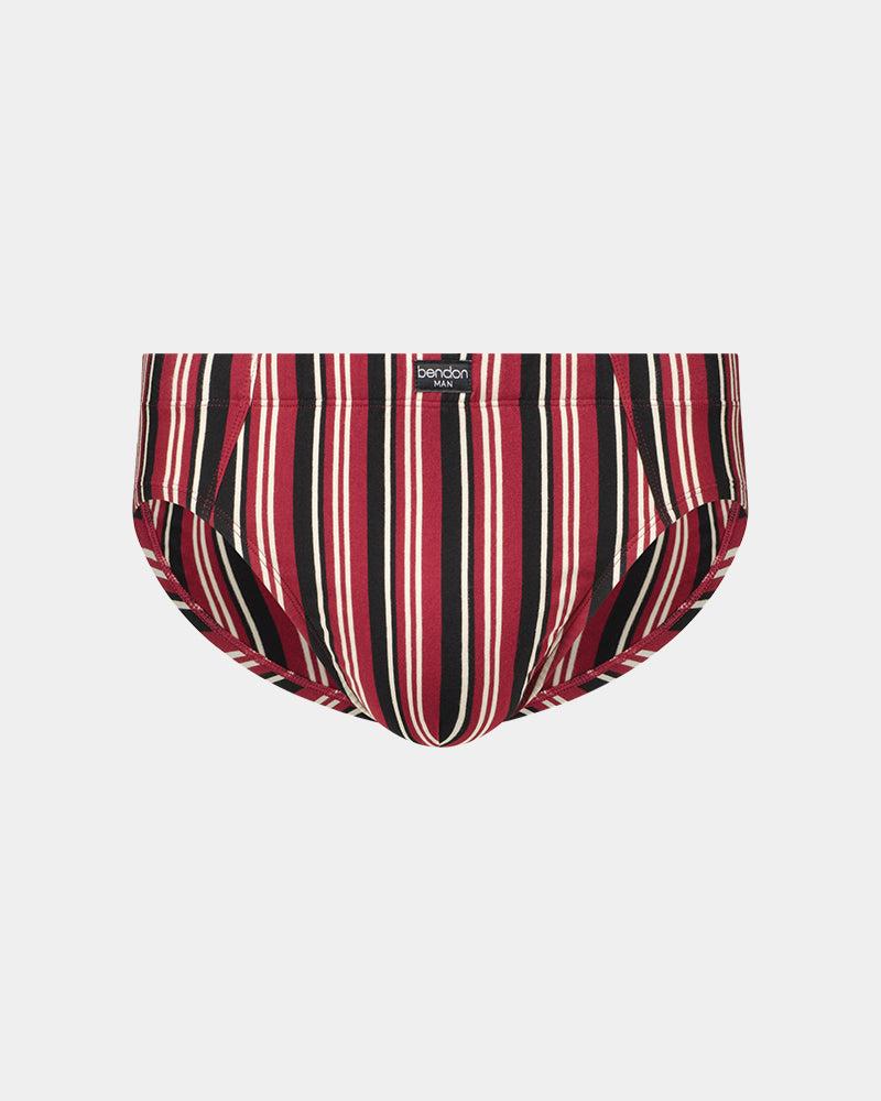 Cotton Stretch Mens Brief in TIBETAN RED/OATMEAL STRIPE. Flat lay front view