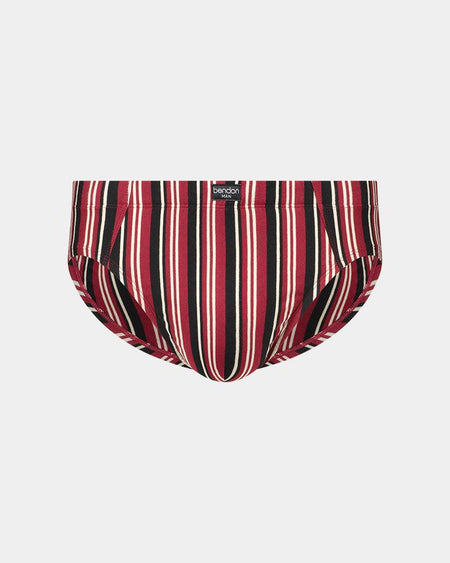 Cotton Stretch Mens Brief in TIBETAN RED/OATMEAL STRIPE. Flat lay front view