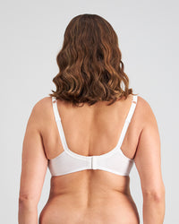 Model wears Thea Underwire Bra in WHITE. On body back view