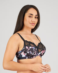 Model wears Wild Violet Underwire Bra in DARK FOLKLORE PRINT. On body side view