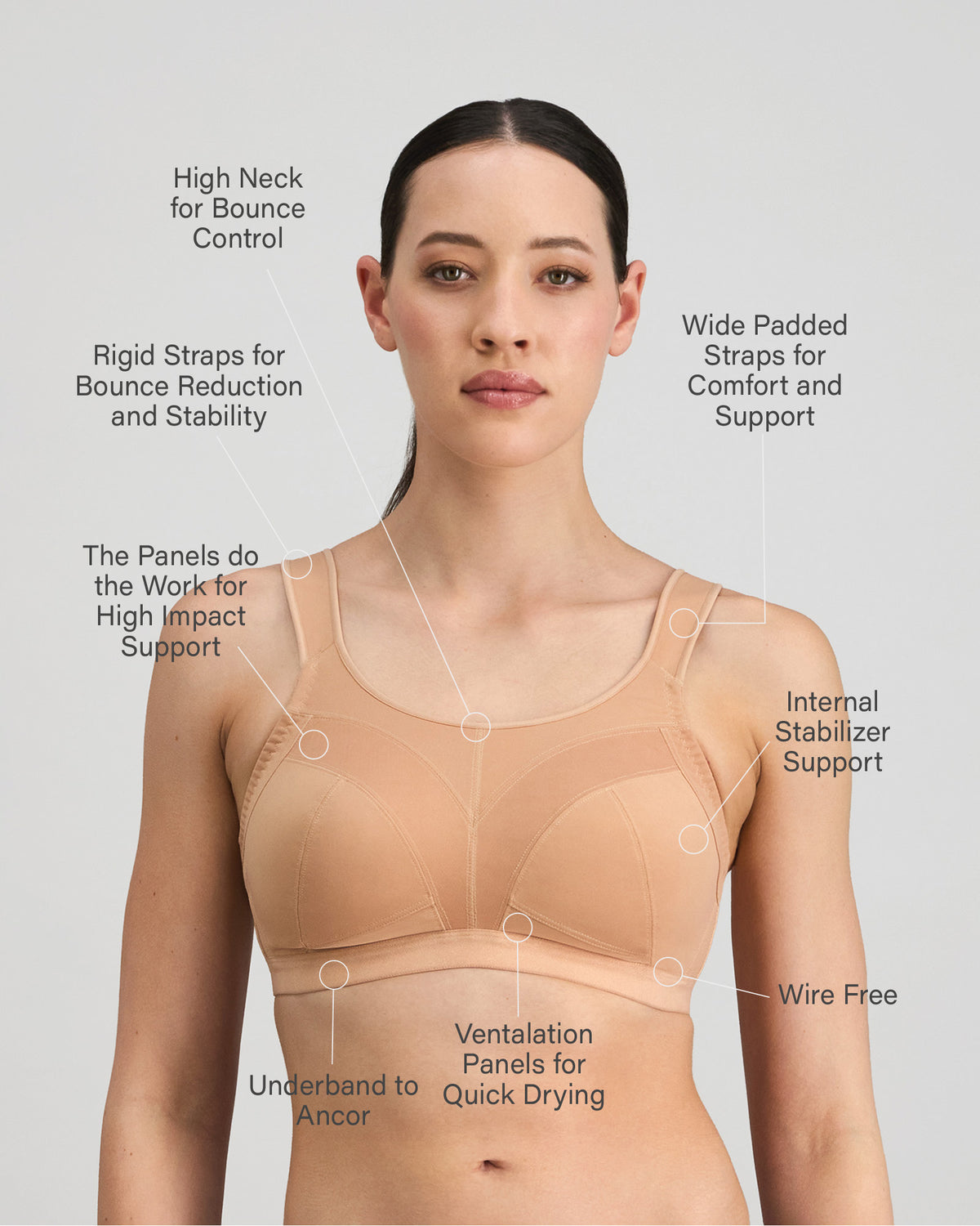 Model wears Stamina Wire Free Bra in LATTE. On body side view