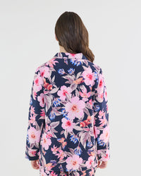 Model wears Mihika Sleeping Long Sleeve PJ Top in HONOLULU HAZE PRINT. On body back view