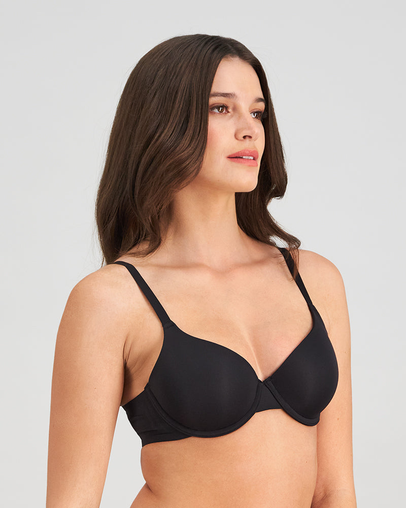 Model wears Comfit Collection Contour Bra in BLACK. On body side view