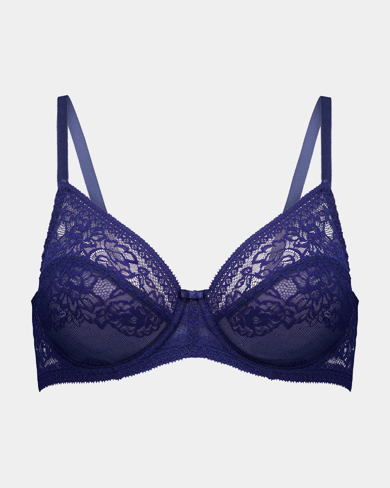 Eternal Underwire Bra in Medieval Blue. Flat lay front view
