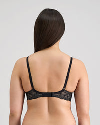 Model wears Juniper Underwire Bra in BLACK. On body back view