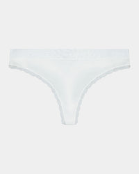 Cotton Logo Thong in WHITE. Flat lay front view