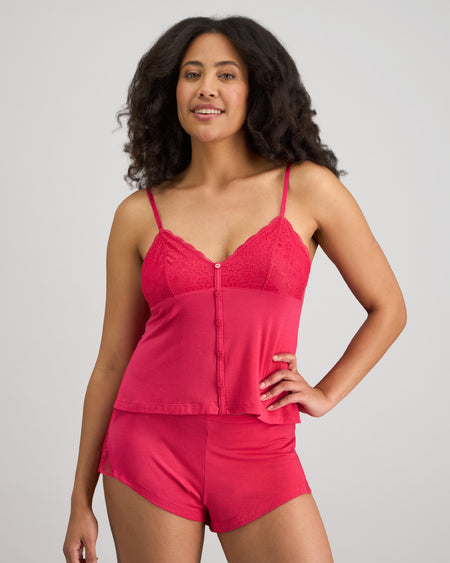 Model wears Cassie Cami & Short Set in JAZZY. On body front view