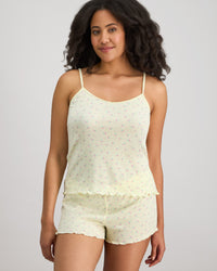 Model wears Smoothie Cami & Short Set in TRANSPARENT YELLOW. On body front view