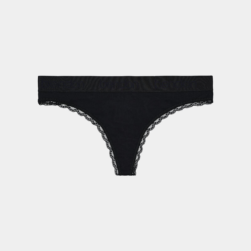 Cotton Logo Thong in BLACK. Flat lay front view