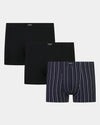 Cotton Stretch Three Pack Mens Trunk 3 Pack in BLACK/NAVY WHITE. Flat lay front view