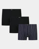 Cotton Stretch Three Pack Mens Trunk 3 Pack in BLACK/NAVY WHITE. Flat lay front view