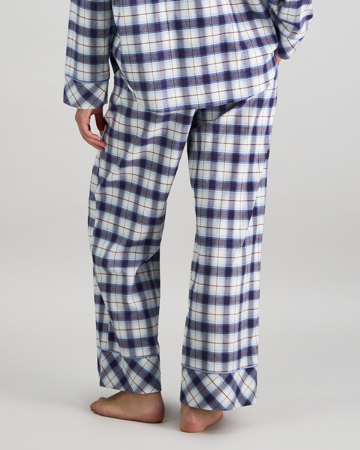 Model wears Cosy Flannel Long Pj Pant in NAVY BLAZER. On body back view