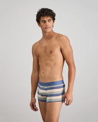 Rugby Stripe Mens Trunk in INDIGO/ICEBERG/SMOKE. Flat lay back view
