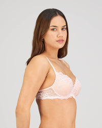 Model wears My Fit Lace Push Up Bra in FROSTED PINK. On body side view