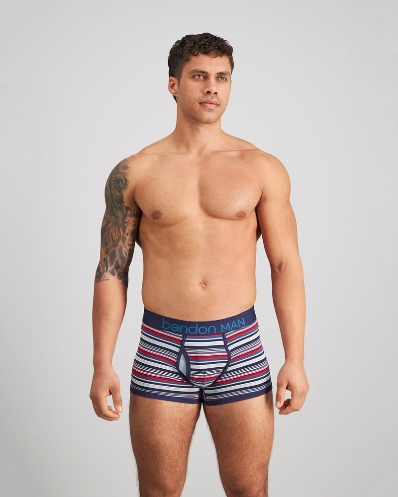 Bold Stripe Mens Trunk in PEACOAT/SALSA STRIPE. Feature shot