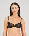 Model wears Scarlet Lover Underwire Bra in BLACK. On body front view