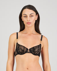 Model wears Scarlet Lover Underwire Bra in BLACK. On body front view
