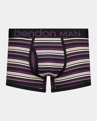 Bold Stripe Mens Trunk in BLACK/PLUM STRIPE. Flat lay front view