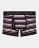 Bold Stripe Mens Trunk in BLACK/PLUM STRIPE. Flat lay front view