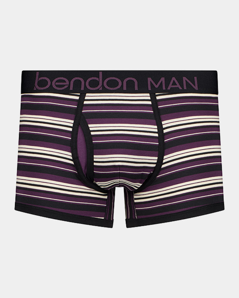 Bold Stripe Mens Trunk in BLACK/PLUM STRIPE. Flat lay front view