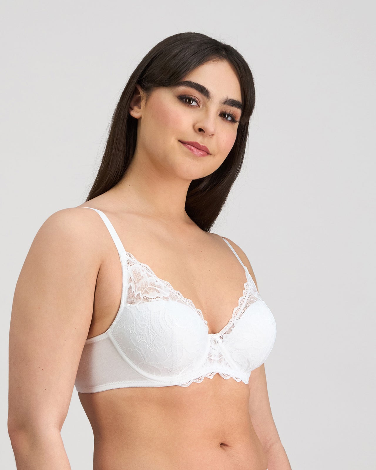 Model wears Embrace Contour Bra in WHITE. On body side view