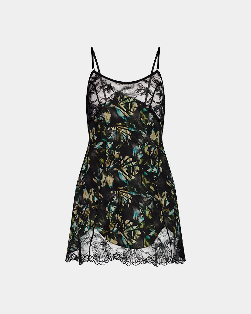 Lost Paradise Chemise in BLACK PRINT. Flat lay front view