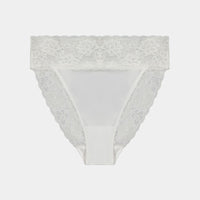 Lace Trim High Cut Brief in WHITE. Flat lay front view