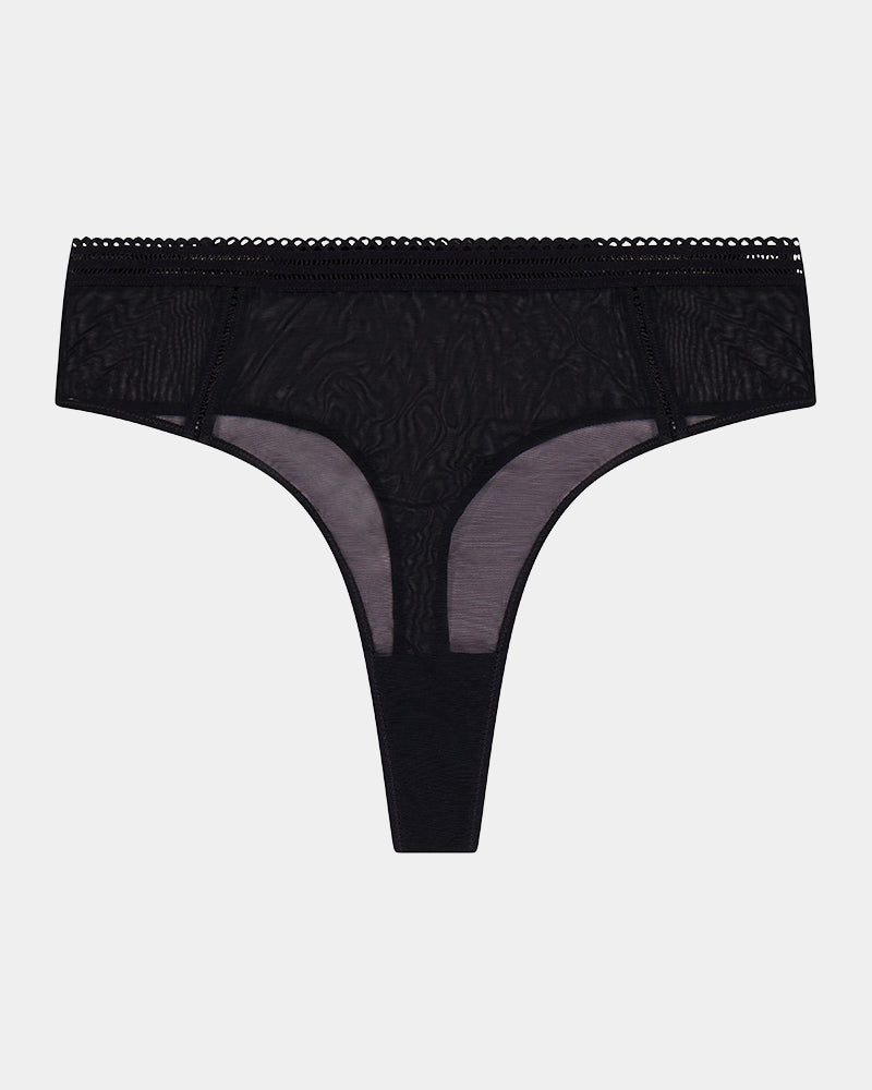 Sheer Essence Thong in BLACK. Flat lay front view
