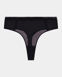Sheer Essence Thong in BLACK. Flat lay front view
