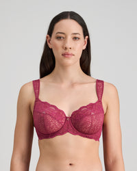 Model wears Midnight Express Underwire Bra in BEAUJOLAIS. On body front view