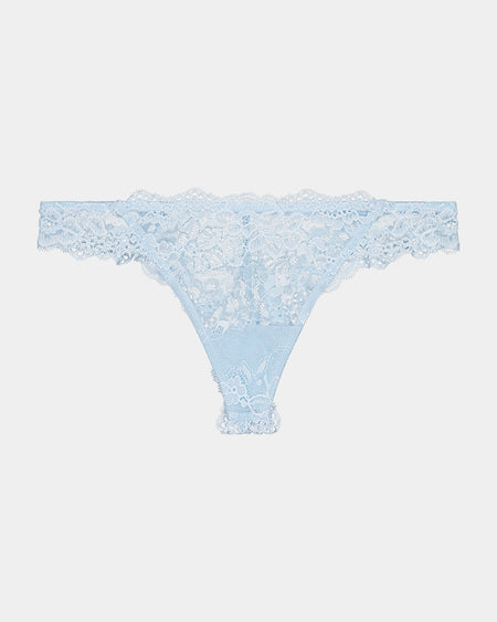 My Fit Lace Thong in OMPHALODES. Flat lay front view