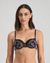 Model wears Adaline Contour Bra in BLACK FLORAL PRINT. On body front view