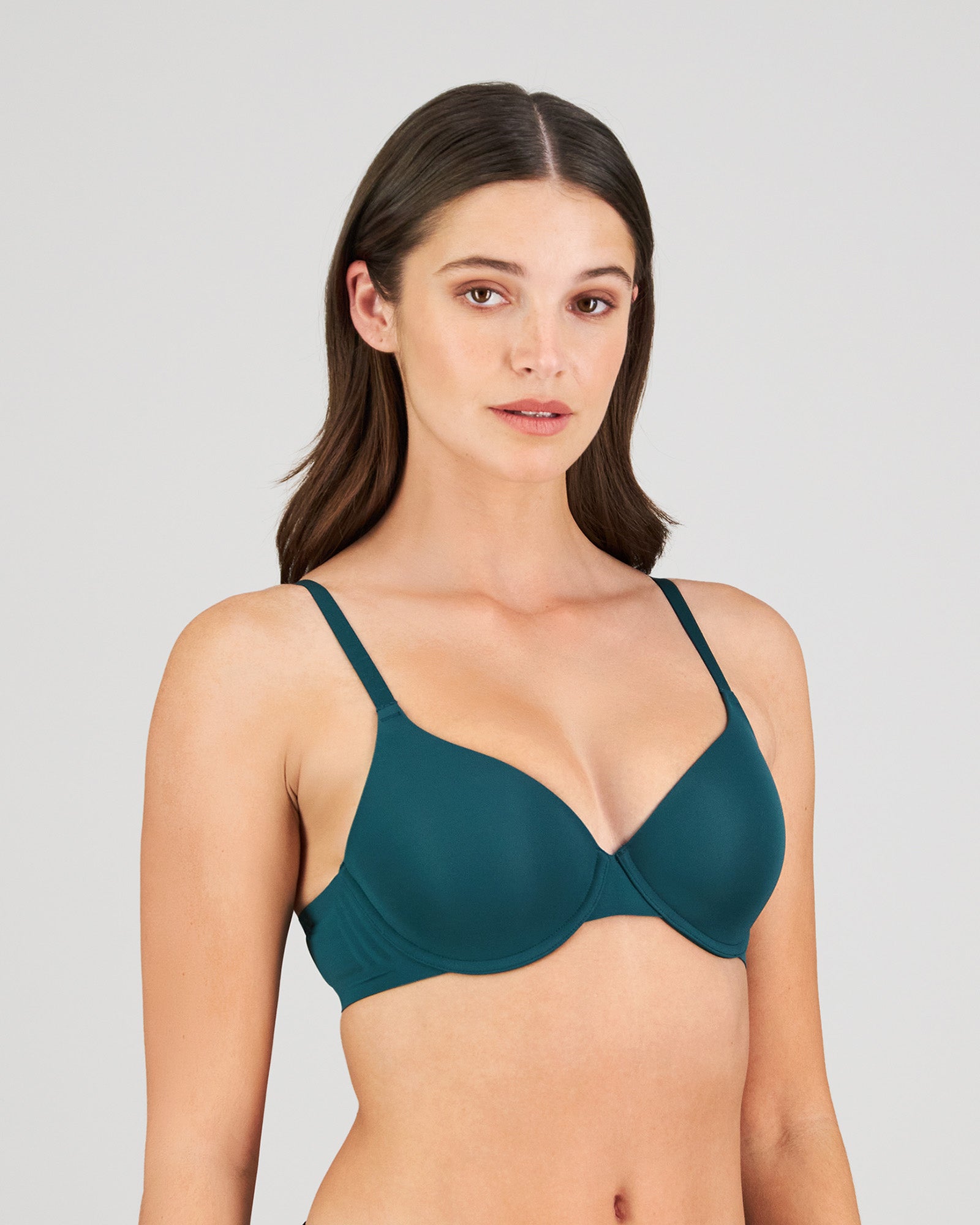 Model wears Comfit Collection Contour Bra in RAIN FOREST. On body side view