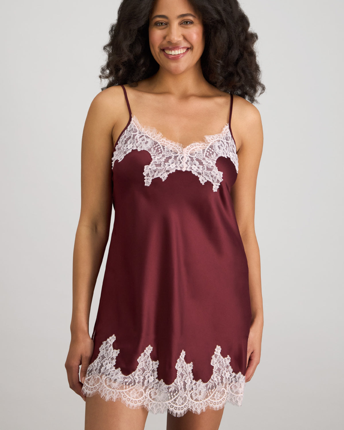 Model wears Sweet Indulgence Chemise in FIG/PALE LILAC. On body front view