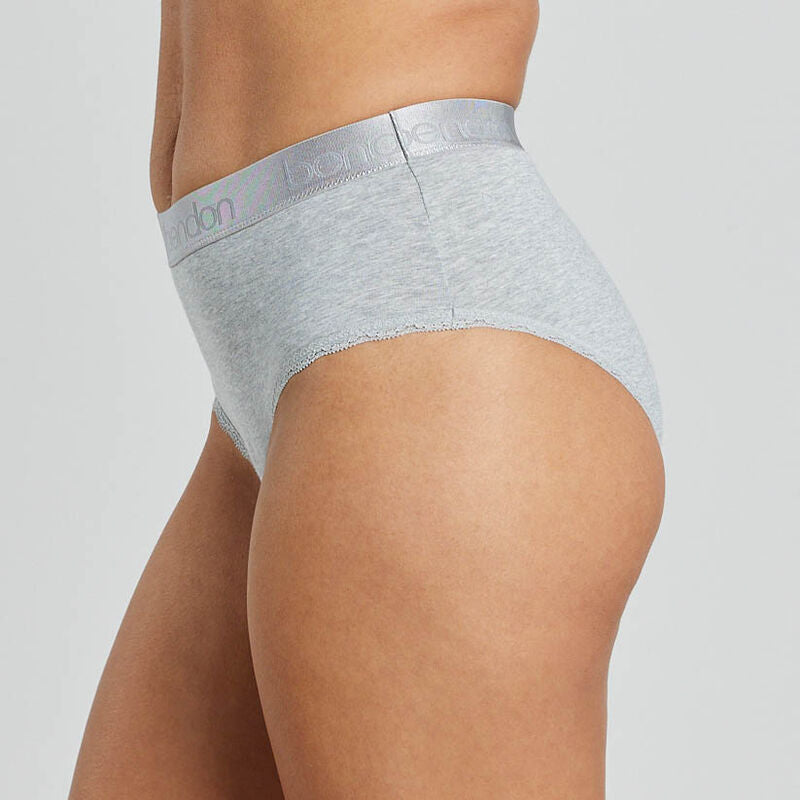 Model wears Cotton Logo Full Brief in GREY MARL. On body side view