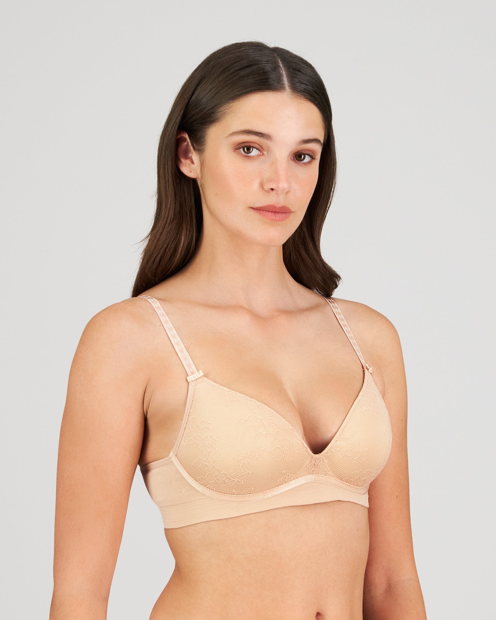 Model wears Bendon Body Lace Wire Free Bra in LATTE. On body side view