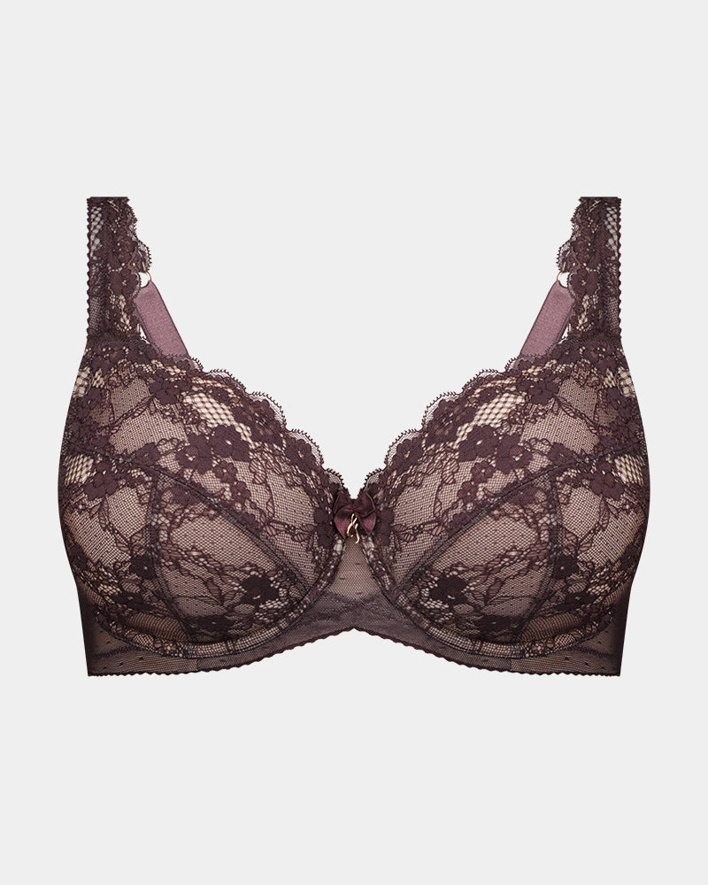 Vivacious Underwire Bra in PLUM PERFECT/LATTE. Flat lay front view