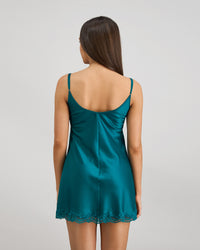Model wears Sleigh The Night Chemise in EVERGLADE. On body back view