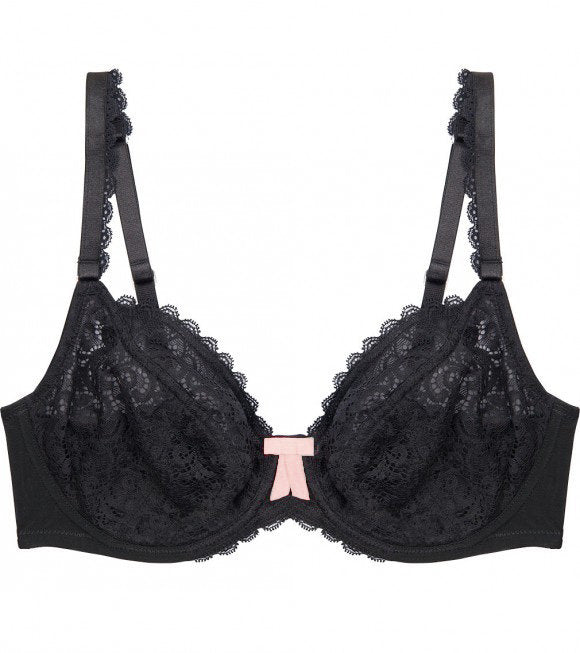 Ece Queen Underwire Bra in BLACK/SOFT PINK. Flat lay front view