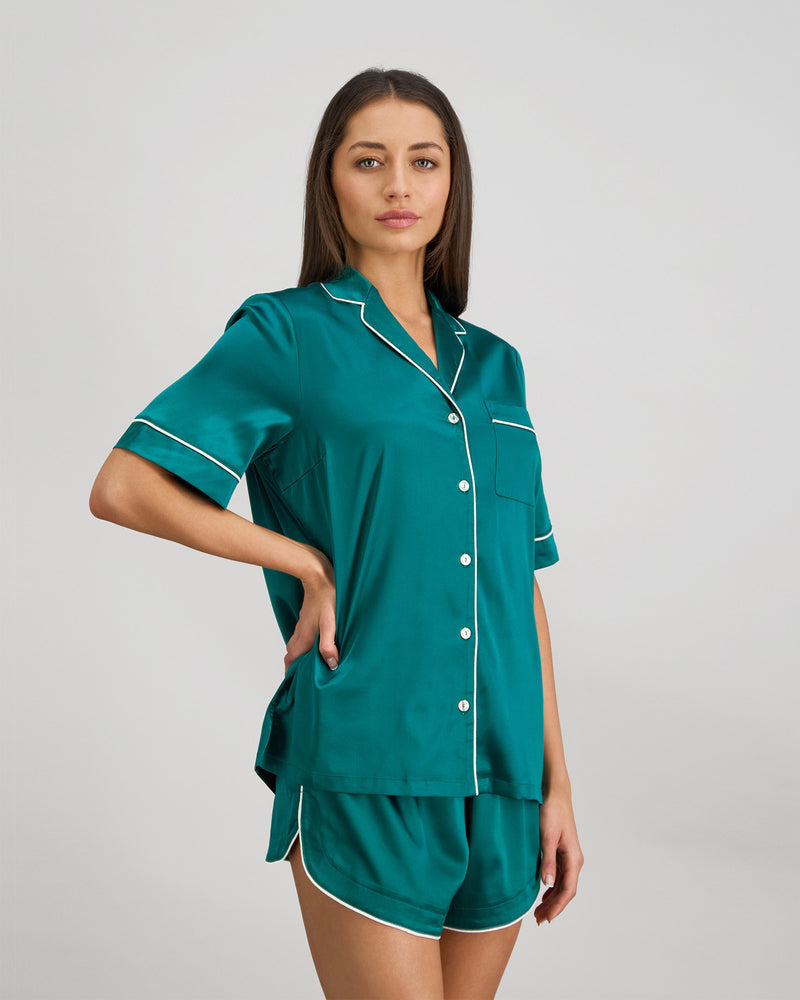 Model wears Holly Short Pj Set in EVERGLADE. On body side view