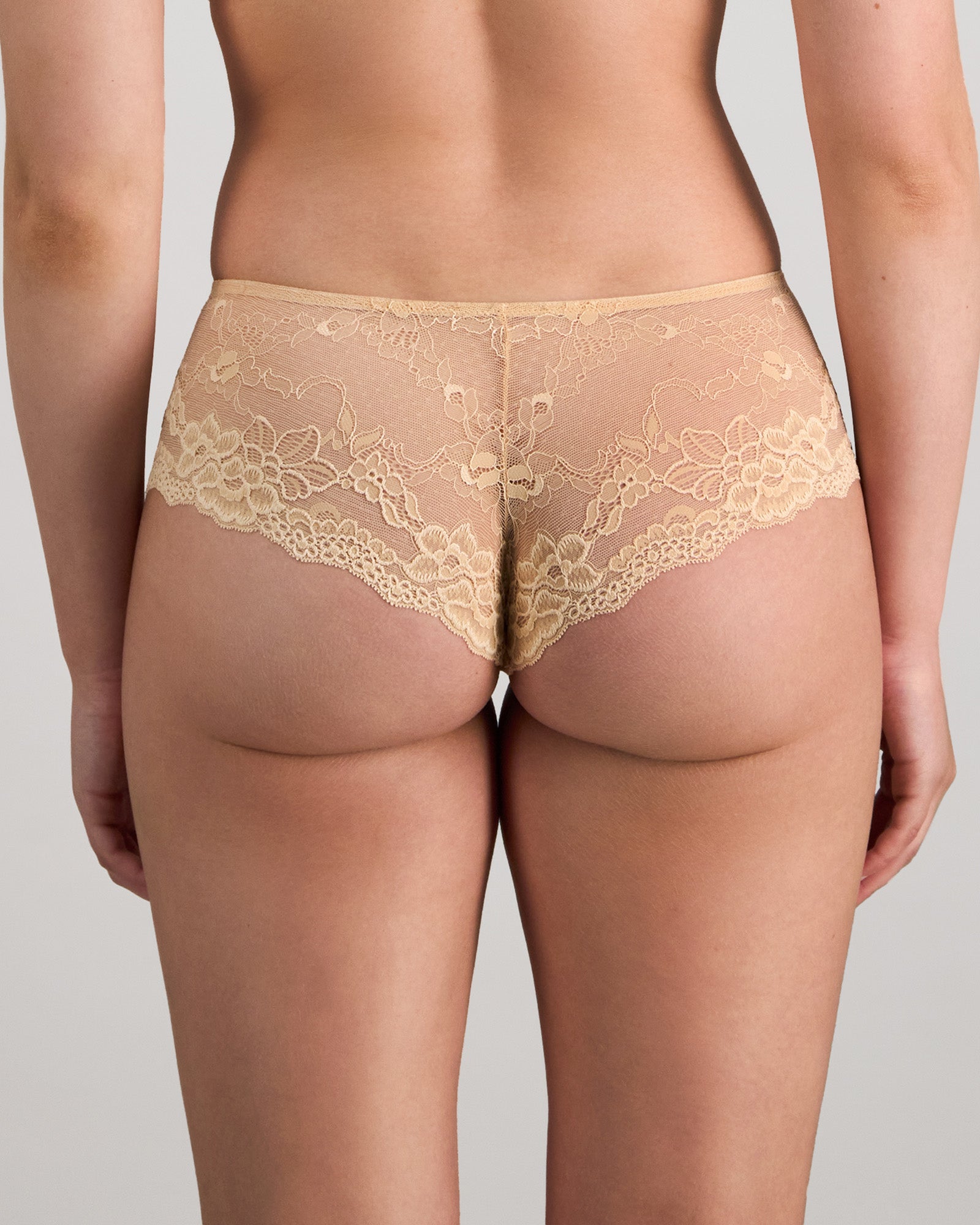 Model wears My Fit Lace Brazilian in FRAPPE. On body back view