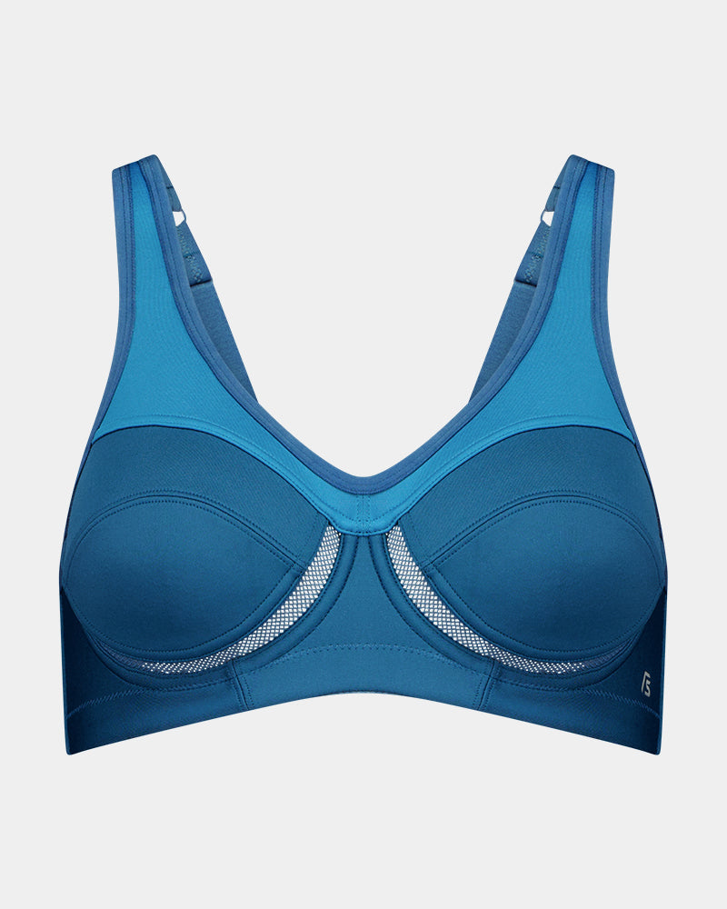 Bendon Sports Underwire Bra in COSAIR/MOSAIC BLUE. Flat lay front view